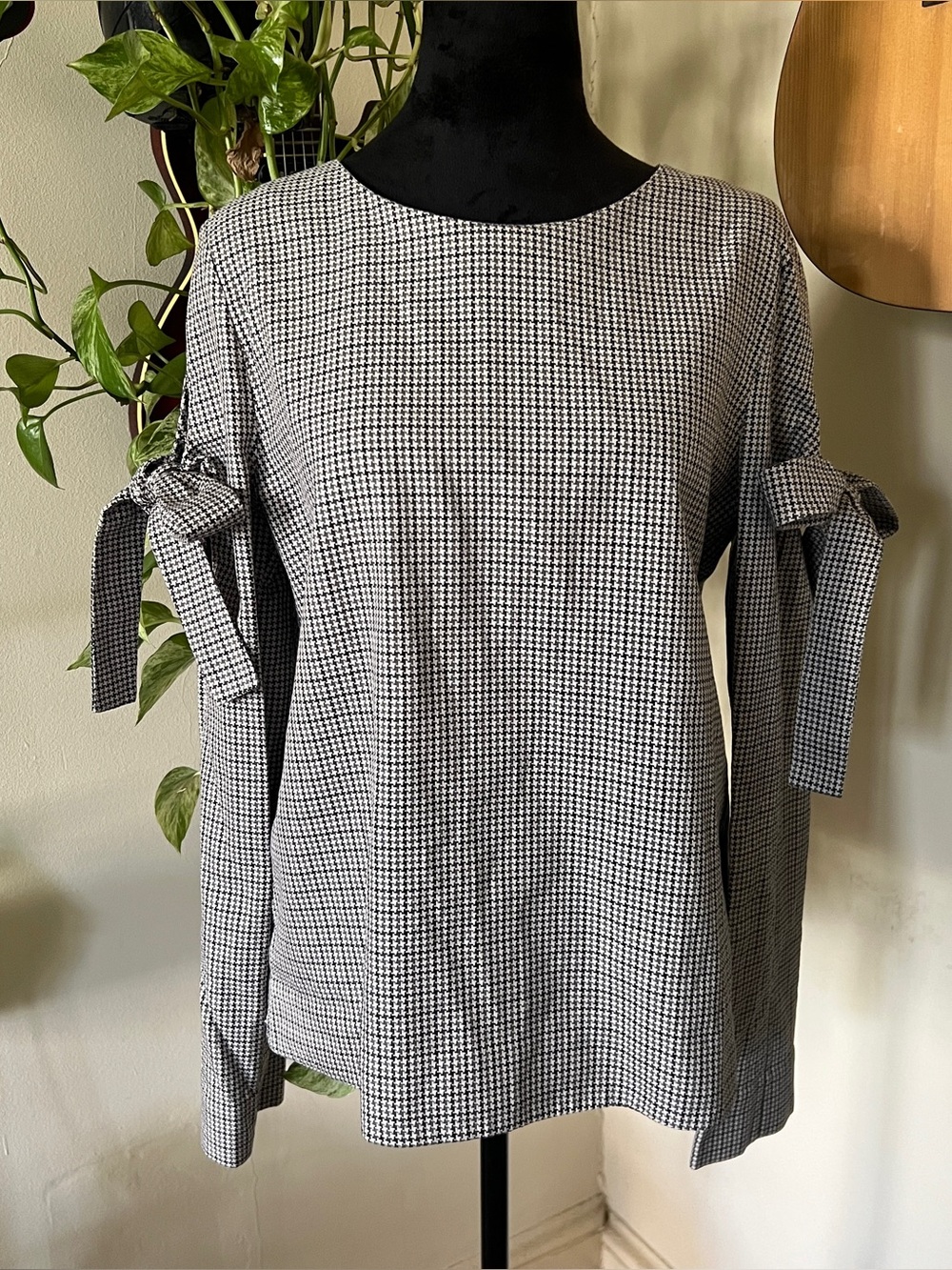 Cos Arm Tie Bow Mini Houndstooth Blouse 100% Cotton Size US 8